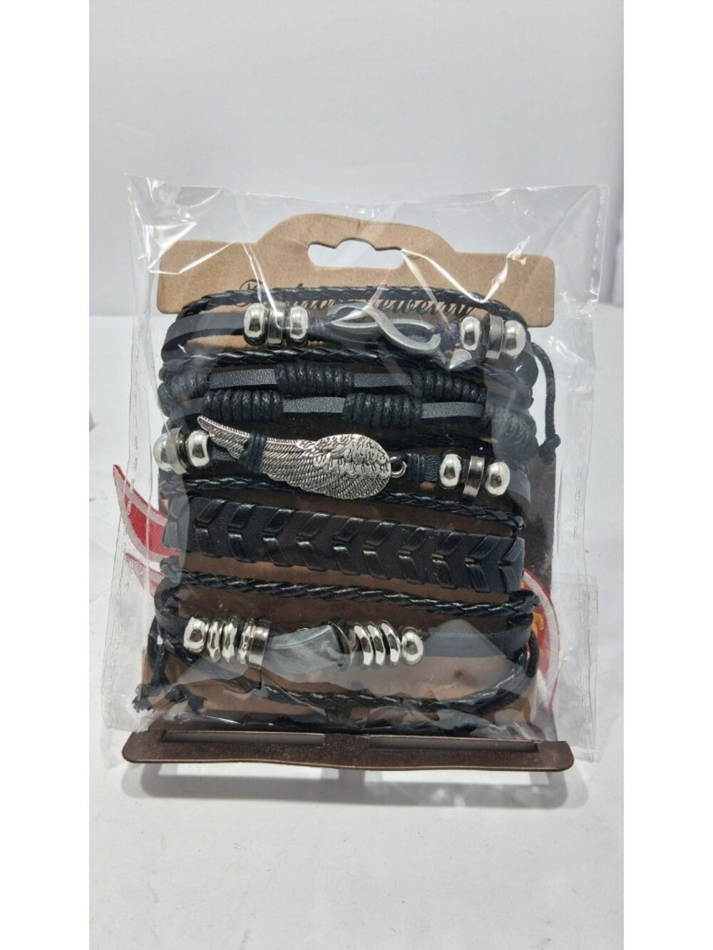 5 PC PU Leather Punk Bead Bracelet Stackable Adjustable Tie New 4